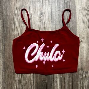 Fashion Nova Red Crop Top with Pink 'Chula' Design
